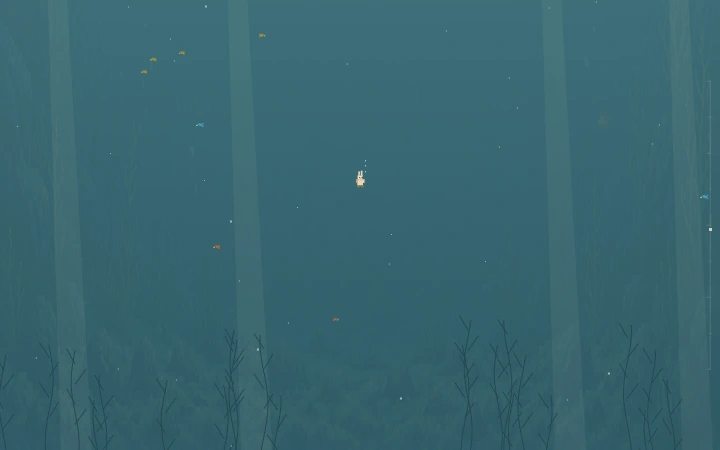 A diving rabbit explores blue water with bubbles and small sea creatures in TriviaDrift Depths mode.