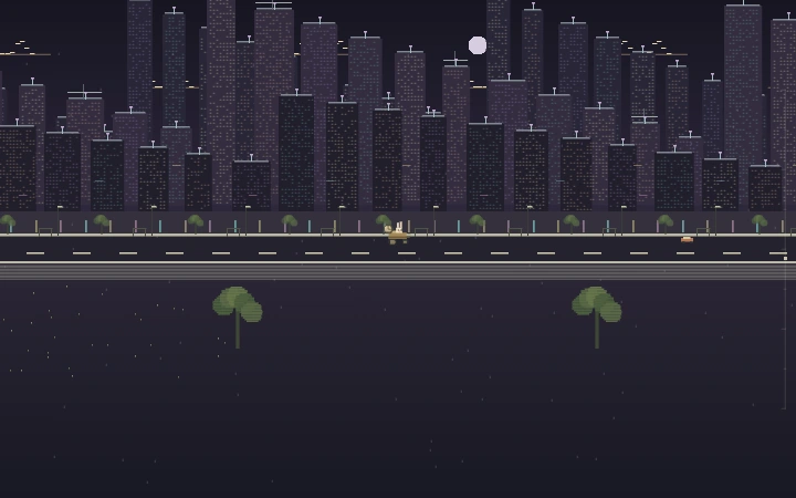 A rabbit’s time machine passes neon buildings under a purple sky in TriviaDrift Dusk mode.