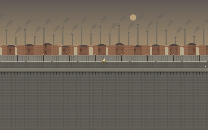 A rabbit’s time machine travels through a warm brick city with smokestacks in TriviaDrift Dawn mode.