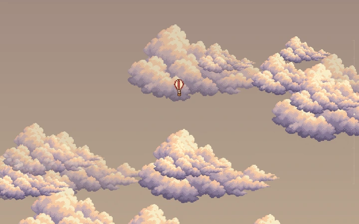 A rabbit in a hot air balloon floats between pixel-art clouds in TriviaDrift Summit mode.